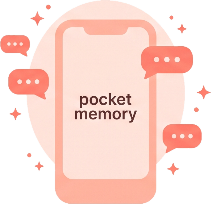 「pocket memory」と表示されたスマホと会話の吹き出しのイラスト